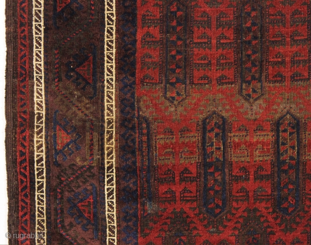 antique baluch rug. Interesting design and rich natural colors. Fresh New England find. Good even low pile with nice sculpting from heavy brown oxidation. Clean and brilliant with fiery reds. A little  ...