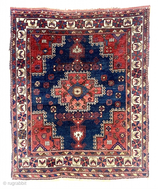 Antique little Afshar rug with classic design in good condition and lovely colors. Overall decent pile with slight scattered wear. Slight brown oxidation. Some warp depression. Nice squarish size. Reasonably clean. All  ...