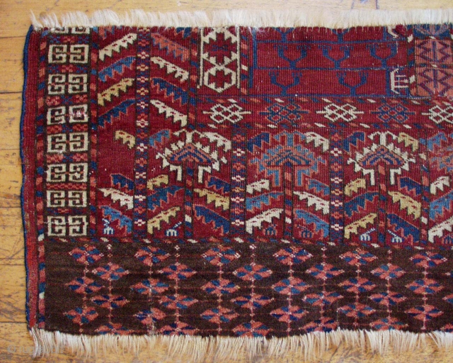 Antique Tekke ensi fragment. Interesting drawing and excellent saturated color. All natural colors. Nice yellows. Even low pile. Cool thing. 19th c. 19" x 48"        