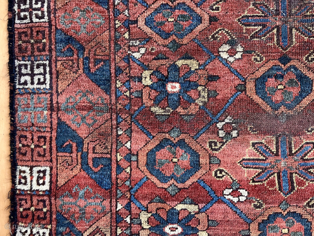 Antique turkman small carpet or ensi if you prefer. Ersari? Well drawn “Mina khani” field and attractive elem or skirt panel. All natural colors. Some good pile. Areas of heavy wear and  ...