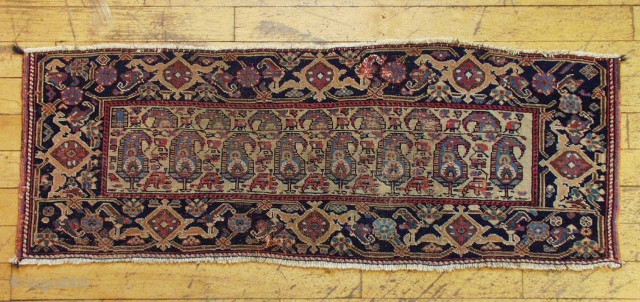 Antique very large Afshar bagface or trapping. Interesting design, beautiful border. Allover even very low pile. All natural colors. One crudely sewn up hole. 19th c piece. 1' 8" x  4'  ...