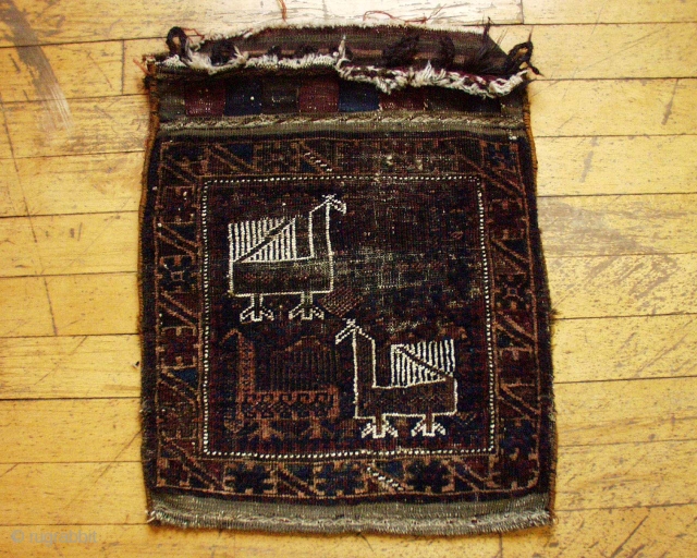 Antique Baluch bag. Complete with original back. Some wear, some oxidation. The least exspensive bird bag ever. Colors look all good. Washed.  21" x  25"      