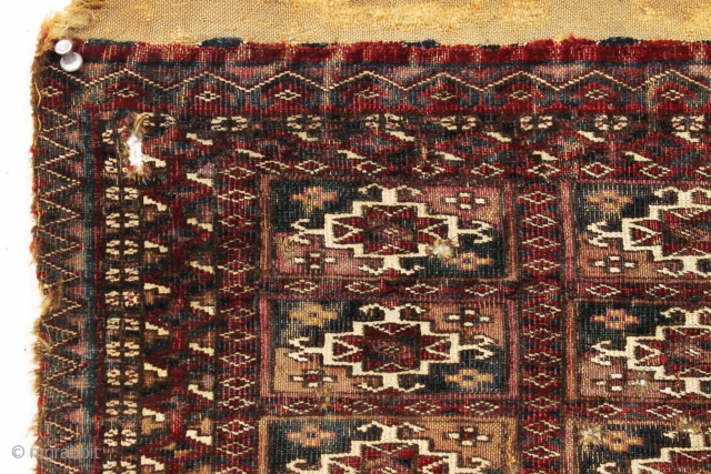 Early tekke mafrash. Indescribably elegant. Corroded magenta silk. Cotton whites. Deep blue greens. Fine like cloth. Damaged but not destroyed. First half 19th c. 12" x 31"       ...