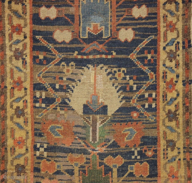 early northwest persian or kurdish rug. Strange and mysterious remnant, probably a fragment. "As found", very dirty with scattered old repairs and likely missing an outer border. Compelling. ca. 1850, possibly earlier.  ...