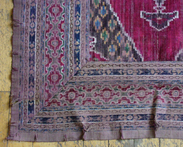 Antique Persian Ikat panel. Old but rough condition. Original assembled sewn construction. Unwashed with stains. Tears but not rotted. Looks like silk. 3' 4" x  5'
      