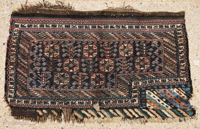 Antique large Persian bakhtiari bagface or trapping with mixed flat weave and pile techniques. Older example with very detailed and delicate drawing. Mostly in good condition with some edge roughness as shown.  ...