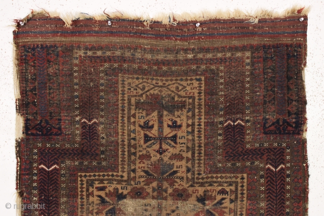 early baluch prayer rug with some interesting design features. As found, very dirty, very thin, with heavy wear and black oxidation. Unusual and attractive  border. Animals. Sophisticated and delicate drawing. Good  ...
