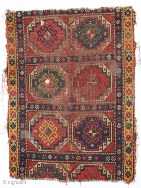 antique caucasian moghan kazak fragment. Just picked older example. As found, very very very dirty with a few spots of spilled who knows what. A challenge to those who enjoy washing. Appears  ...