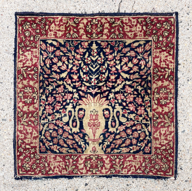 Antique little Persian mat. Kerman I presume, with an attractive design, fine weave and overall good condition. Slight end roughness as shown. Could use a good wash. Charming. ca. 1900? 19”x 19”
$250  ...