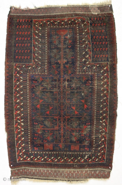 Antique baluch prayer rug. Incredibly dirty but quite interesting with some unusual design features. Appears to have excellent color under all that grime. Anyone enjoy washing? ca. 1880 or earlier. 3'x 4'9" 