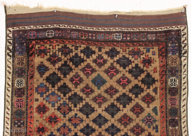 antique baluch rug. Sparkly rug symmetrically knotted with real greens, saturated reds, and pretty light blues. Eye catching unusual design and highest quality wool. Overall very good condition, clean, with soft blanket  ...