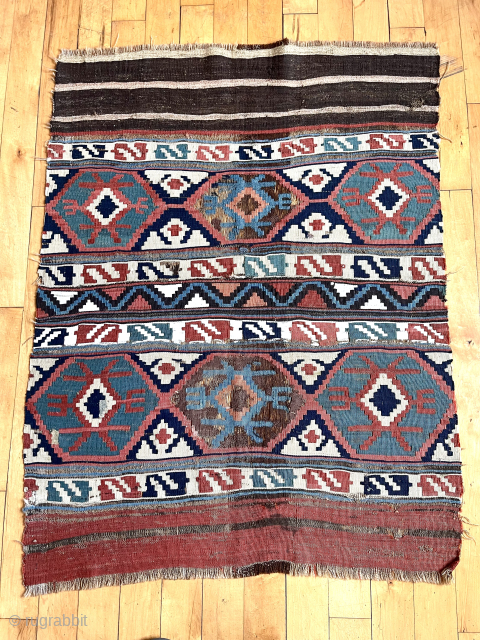 Antique small kelim, possibly shahsavan, in fair condition with good natural colors. Small old repairs and heavily oxidized brown. Structurally ok. Interesting size. 
36” x 48” 19th c. Asking $200 or bo.  ...