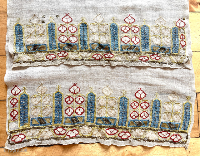 Antique little decorated Turkish towel. Attractive design. As found, structurally sound but dirty with staining as shown. 19th c. 14” x 35” asking $100 or bo.       