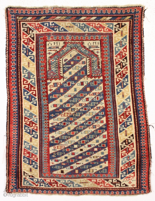 antique caucasian prayer rug. Probably shirvan. Excellent design and all natural colors. "as found", reasonably clean with good even pile, slight edge roughness but no repair. Inscribed date. 19th c. 3'3" x  ...