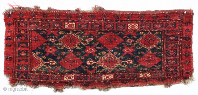 antique little ersari torba with an ikat type design. All natural colors. "as found", with allover low pile and edge roughness as shown. ca. 1875. 16" x 39"     