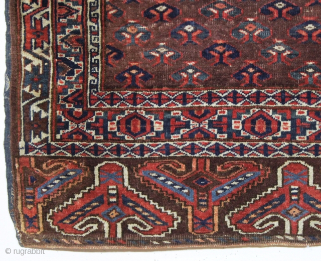 antique yomud ensi or small rug with eagle end panels and an unusual border design. Mostly good pile with nice tight weave. "as found", very very dirty with a couple holes and  ...