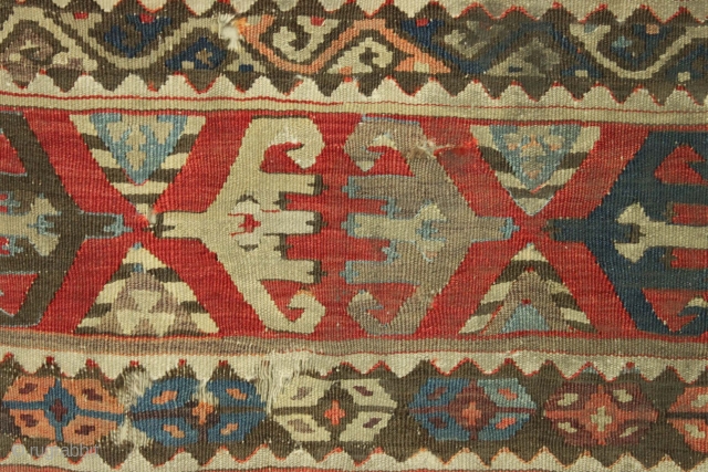 Antique Turkish Kelim fragment. Old piece. Very very very dirty. Sewn on to cloth. Ca. 1850? app. 2'6" x 3'10"             