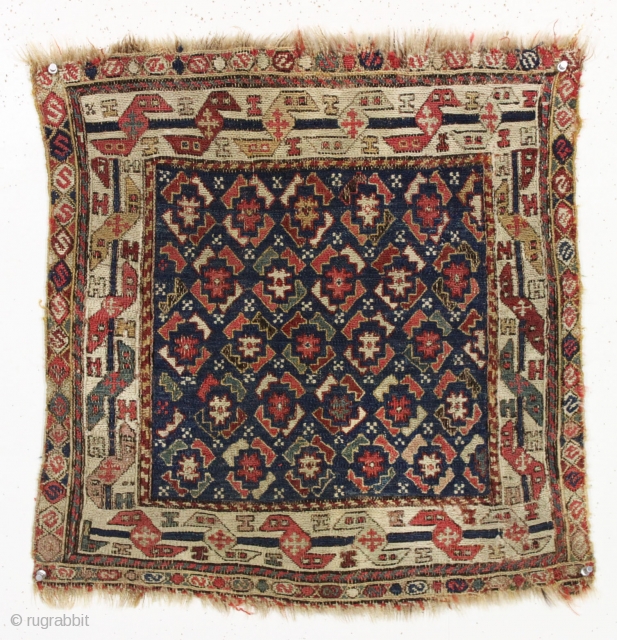 Early sumak bagface. Unusual design. Heavily oxidized browns. Pretty greens. All wool, no cotton. Shahsavan or caucasian? 3rd qtr. 19th c.   23" x 23"       