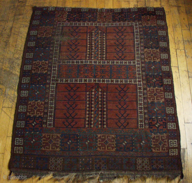 Antique Ersari ensi. Good age. Low pile, some wear. Very dirty, needs a good wash. All natural colors. ca. 1880 or earlier. 4' 6" x 5' 5"
      