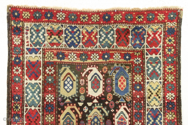 Antique early tribal rug probably northwest persian with an unusual and eye catching border. Overall good condition. All natural colors with pretty blues, greens and nice old yellows. Although one might think  ...