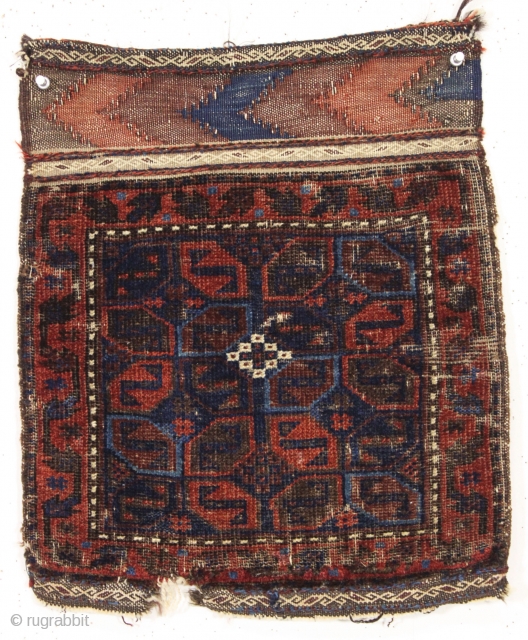 antique very small baluch bagface with tile design field. Fancy flat woven ends.  Pretty electric light blue highlights. Older piece, ca. 1875. 15" x 17"       