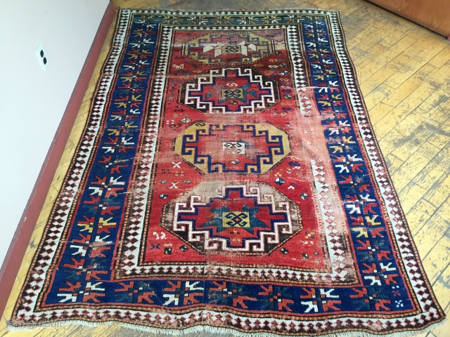 Antique large Kazak. Powerful design. As found, in need of extensive restoration. Reasonably clean. 19th c. 5'3" x 7'7"              