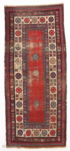 antique caucasian talish rug. Reasonably early example. Classic open field with endless knots and enough secondary dice elements to fill a casino. Intact but thin with wear as shown and priced accordingly.  ...