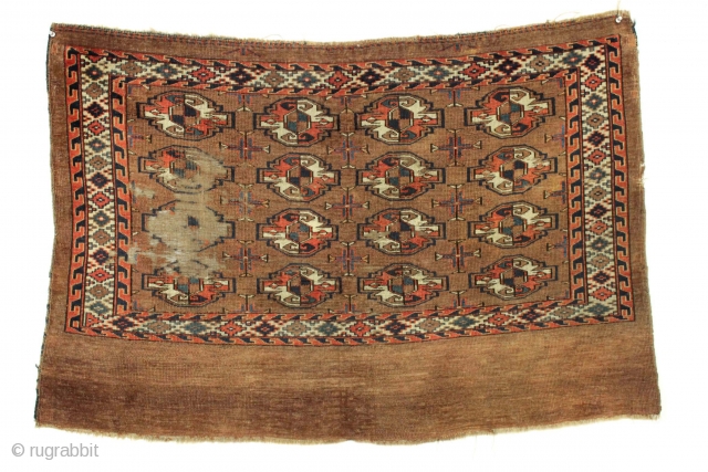 Yomud chuval. All good colors. Even low pile with wear as shown. "as found", not cleaned, not repaired, not expensive. ca. 1880 weaving 2'7" x 4'       