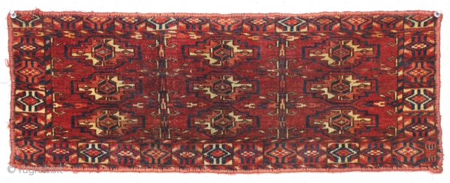 antique little turkoman torba or mafrash, probably tekke, with good pile, silky wool and fine weave. A few knots of magenta silk in gul centers. Delicate drawing and an attractive border. Allover  ...