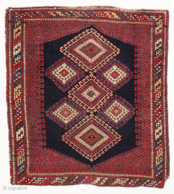 Antique very small afshar rug. Good thick pile and all natural colors. "As found", very dirty with some edge roughness and oxidized browns as shown. Sweet size. Late 19th c. 3'5" x  ...