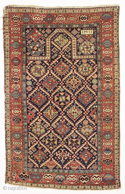 Old caucasian prayer rug, probably akstafa, in pretty good condition for a real antique example. Unusual use of the chajli type border. Allover fair even pile. Nice color. Small crude repair of  ...