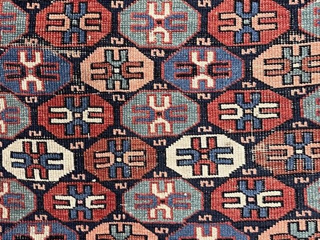 Colorful antique Caucasian rug in fair condition for the age. Probably shirvan. Uncommon all over “tile” design. Low pile with some areas of foundation showing. Priced accordingly. Thin and pliable. Minor edge  ...