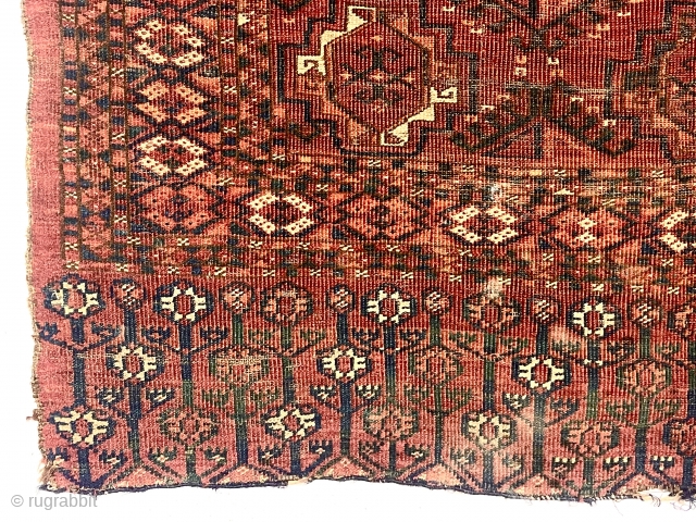 Antique ersari turkman Chuval. Unusually large size and possibly the oldest of the type I have encountered. Well drawn field and an eye catching skirt panel I have not seen before. All  ...