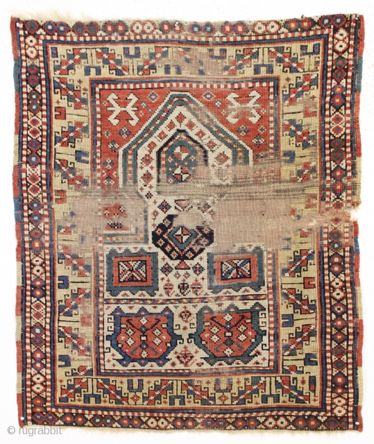 antique unusual turkish prayer rug. Never had one like it before. Softer, west anatolian palette. "as found", very dirty with wear as shown. restorable. 19th c. nice small size. 3'6" x 4'1"  ...