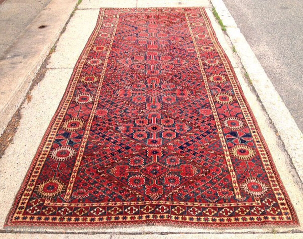 Antique Beshir main carpet. All good natural colors with a rich red and nice yellow highlights. Eye catching large main border with a quirky design shift at one end. As found, no  ...