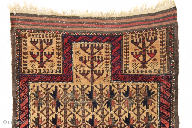 Antique baluch prayer rug. Interesting hand panels. Long. It goes on and on and on. Pretty good condition, some center wear and black oxidation as shown. All natural colors. No repairs. 19th  ...