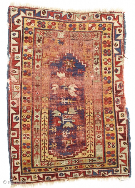 Antique Turkish Makri rug. Classic design. All vibrant natural colors. Nice older example in very rough condition as shown and priced accordingly. 19th c. 3'3" x 4'5"      