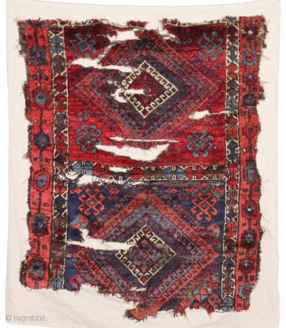 Antique east anatolian rug fragment. Saturated natural dyes. Lustrous wool. Sewn onto cloth backing. Good age. 3' x 3'6"
              