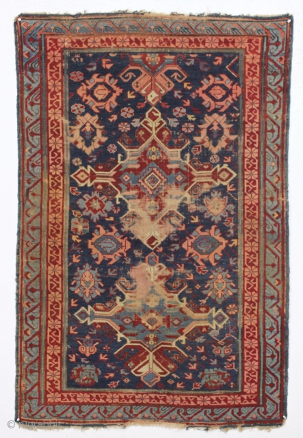 antique seichour rug. Classic design. All natural colors. "as found", a bit dirty and with wear as shown. Good restoration project and priced accordingly. ca. 1880. 3'6" x 5'3"    