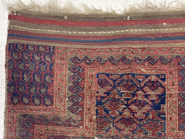 Antique blue ground Baluch prayer rug with shrub lattice. Unusual hand panel design with mini boteh. Nice original wide flat woven ends and original selvages. Overall fair condition for the age with  ...