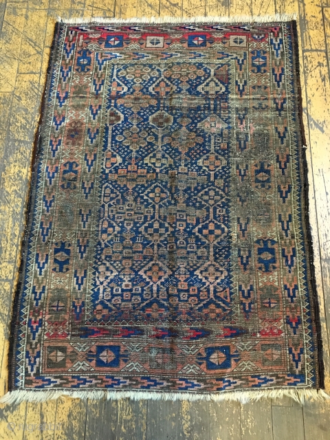 Back room storage clean out. Old Baluch rug. Dirty and worn. About 3' x 4'                  