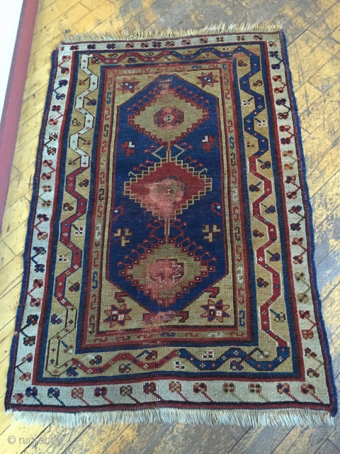 Antique turkish makri rug. Simple and bold. As found with wear and damage as shown. Storage clean out and priced accordingly. 19th c. 3'3" x 4'9"       