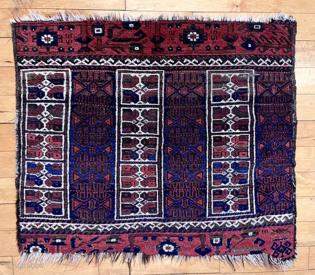 Older Baluch bagface. Rare design. As found. 19th c.  2’ 7” x 2’ 11”                  