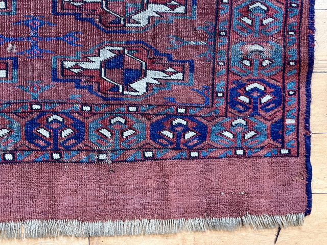 Out of the cedar chest. Early turkman Chuval. Lovely old colors. Uncommon border. Persian knotted open right. As found. 26” x 45”           