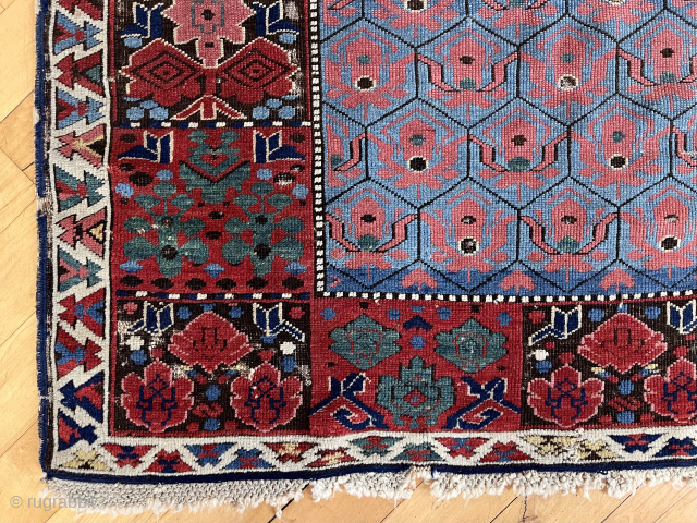 Out of the cedar chests. Early kuba seichour rug. Uncommon field and eye catching borders (a border type I liked very much and collected). Great color. Fine weave. Not perfect condition. Mid  ...