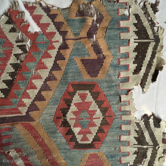 Antique turkish Kilim fragmrnt. Mounted. All natural colors. Storage clean out priced. Good age, ca. 1875 or earlier. 
3'5" x 4'5"            