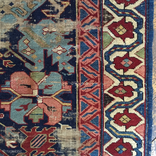 Antique seichour kuba long rug with an eye catching border. As found, Worn and damaged as shown. Nice light blues. Storage clean out priced. Ca. 1880. 3'6" x 9'2"    