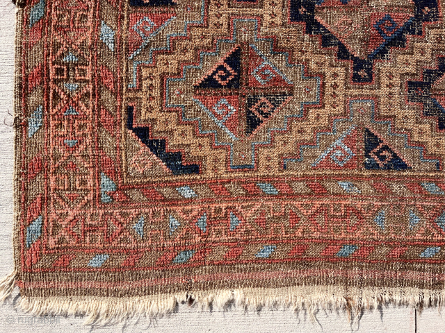 Out of the cedar chests. Lovely older Baluch rug with uncommon design and vivid electric light blues. Soft cloth like handle. Turkish knotted. Not perfect condition. 19th c. 37” x 65”  