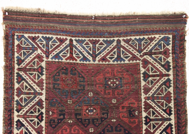 antique little baluch rug with an unusual and attractive border. Interesting allover large scale field design and an eye catching ivory main border. As found, very dirty with allover good pile. Turkish  ...