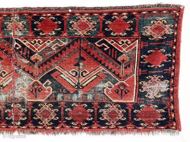 Out of the cedar chests. Uncommon design trapping or jollar size turkman fragment. Ersari? Eye catching graphics. Great old colors. Cut and sewn up in the middle, probably missing about an inch  ...